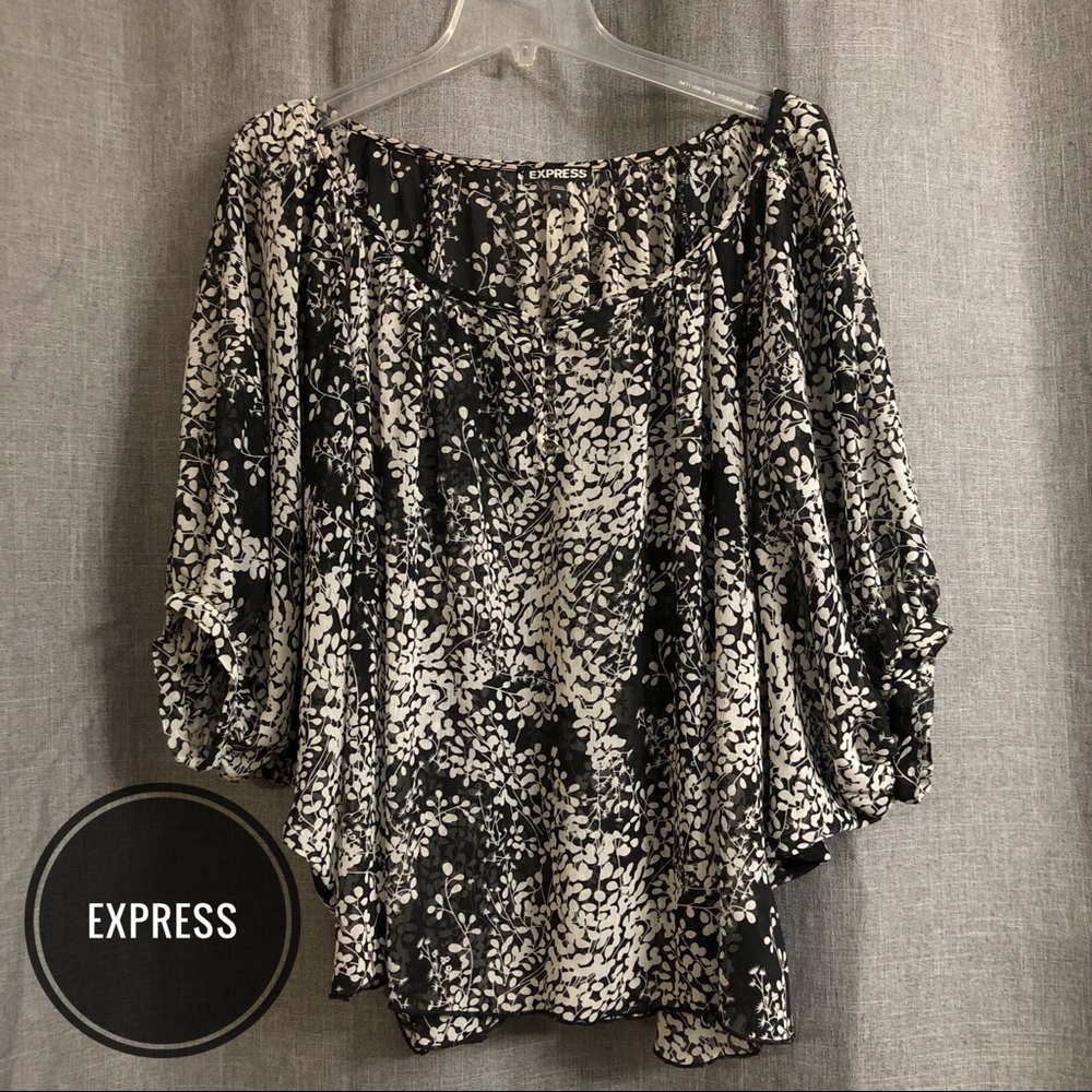 Express Semi-Sheer Flowy 3/4 Balloon Sleeve Blouse